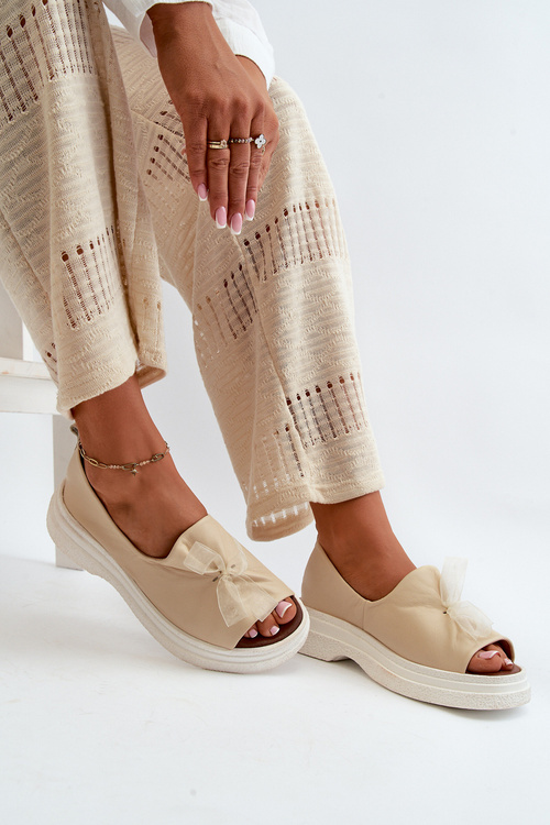 Zazoo 2939 Leather Women's Sandals with Bow Light Beige