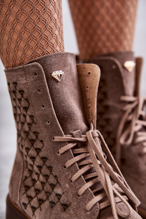 Botki Sznurowane Zamsz Brązowe Nicole 2751