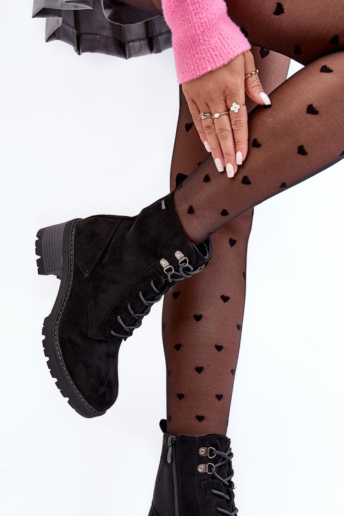 Botki Damskie Niski Obcas Sznurowane Czarne Adinail KE225P