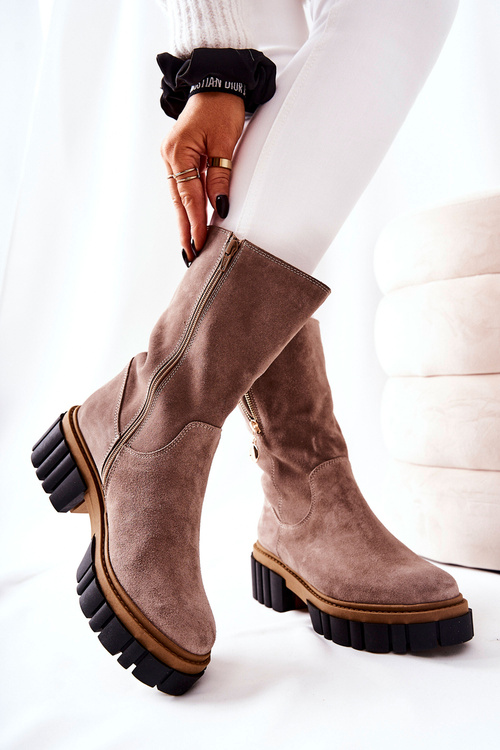 Skórzane Ocieplane Botki Kozaki Cappucino Souffle