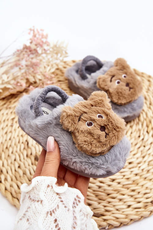 Kapcie Futrzane Dziecięce Z Misiem Szare MP8626