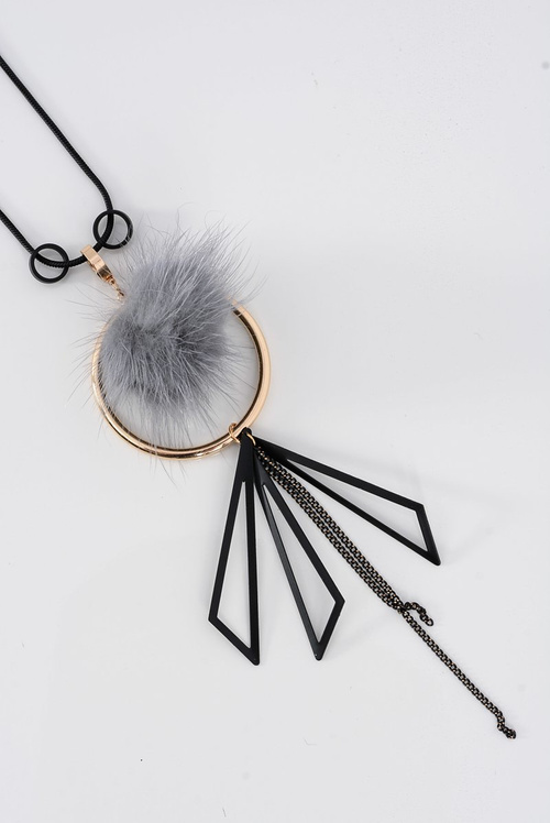 Ladies Necklace With Pompon Long Chain Grey Choker