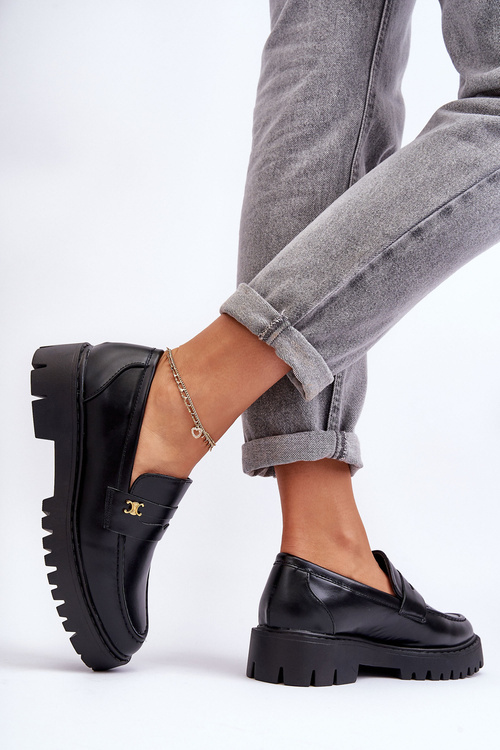 Leather Moccasins With Ornament Black Esperta