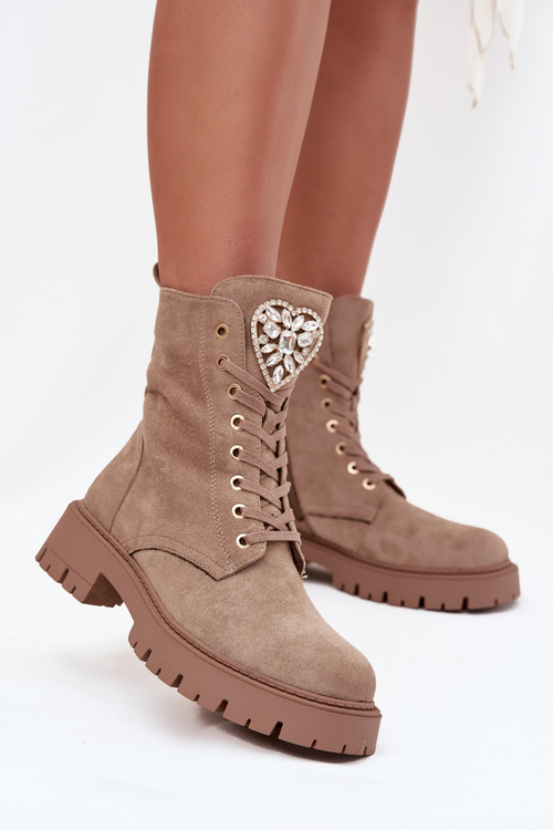 Women's work boots with crystals on the tongue beige Rosira