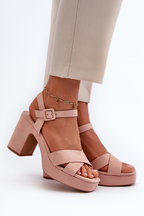Women's sandals in faux suede on a block heel and platform pink Sakane