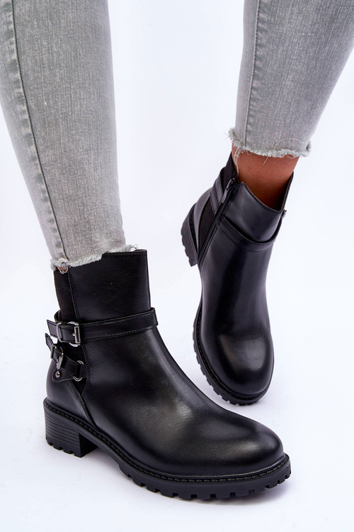 Botki Damskie Skóra Paski Czarne Minks M715