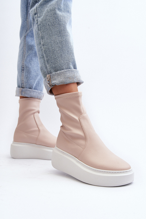 Zazoo 3395 Women's Leather Ankle Boots on Chunky Platform Beige