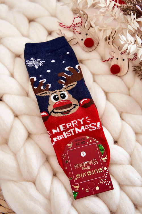Skarpetki Dziecięce "Merry Christmas" Renifer Granatowo-Czerwone