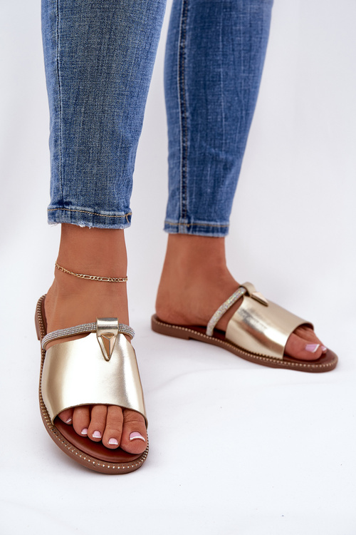 Damskie Klapki Na Płaskim Obcasie Ozdobny Pasek Eko Skórzane Złote Hirtewi