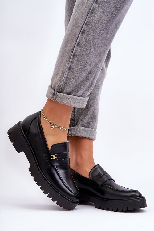 Leather Moccasins With Ornament Black Esperta