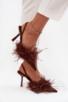Heeled shoes with feathers and open heel chocolate Belice