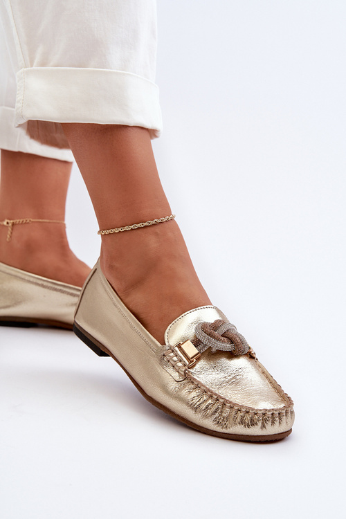 Mokasyny Skórzane Miękkie Damskie Złote Laura Messi 2761