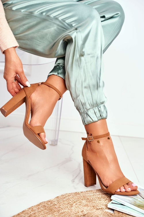 Sandały Damskie Na Słupku Zamszowe Camel Anastasie