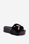 Ladies Platform Slippers With Fur And Gold Clips Black Livira