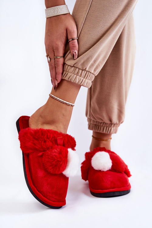 Women's Slippers With Pompoms And Fur Red Sahira