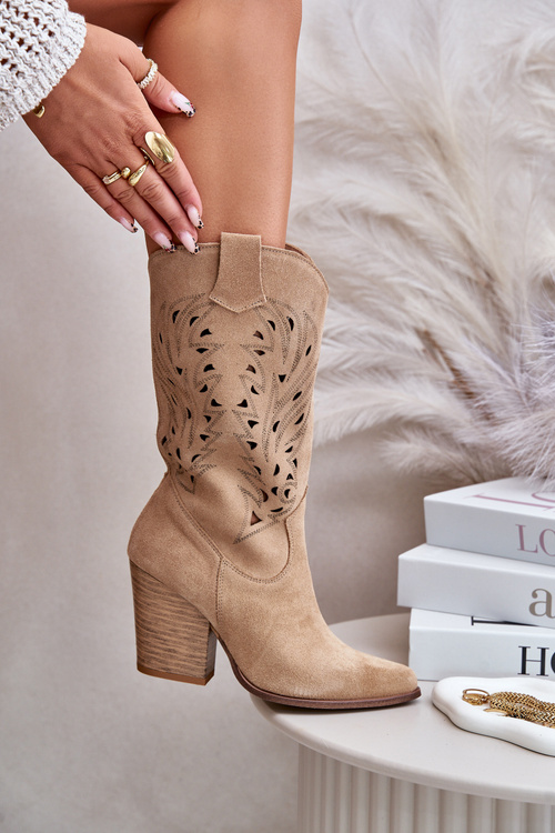 Kozaki Ażurowe Zamszowe Na Słupku Do Połowy Łydki Beżowe Lewski 3609