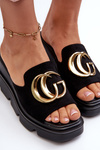 Women's Slippers Made Of Eco Suede On Wedge And Platform With Gold Decoration Vinceza 58295 Black