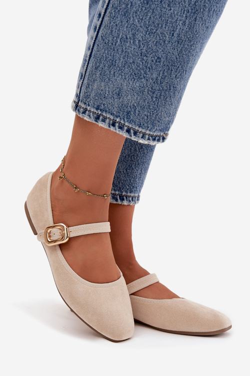 Ballerinas With Strap And Gold Clasp Eco Suede Light Beige Adelora