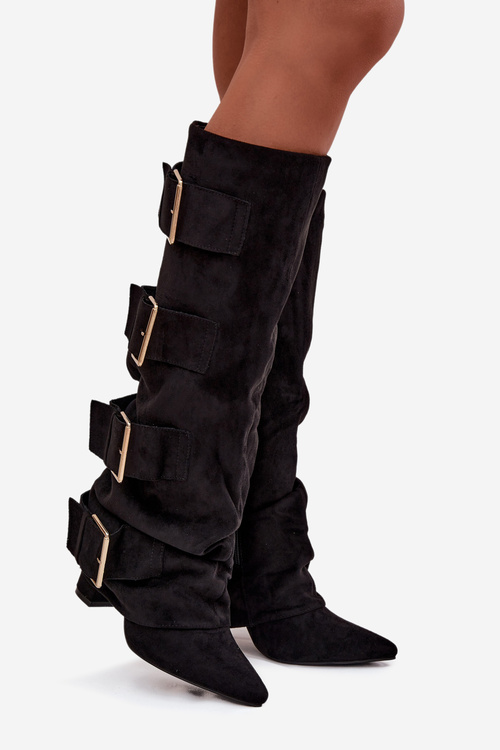 Women's heeled boots with turned-up shaft and gold buckles eco suede black Isavelle