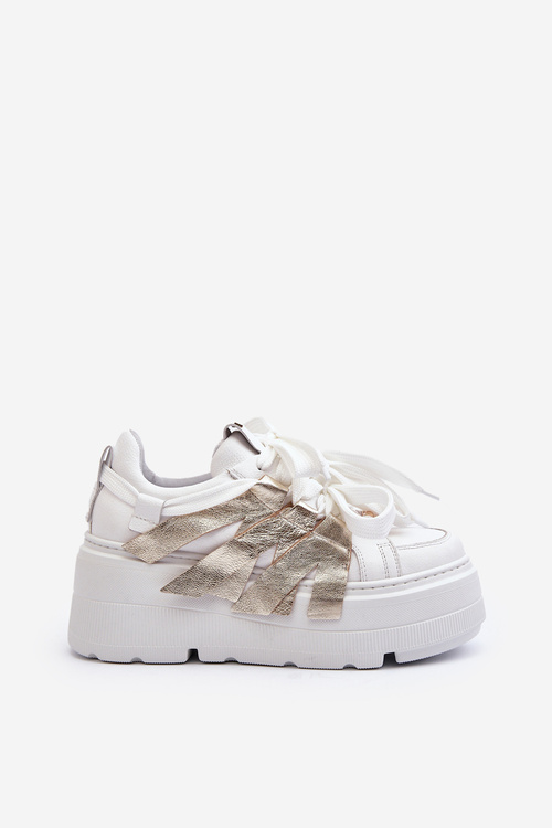 Sneakersy Skórzane Masywna Platforma Biało-Złote Zazoo 2F-7033