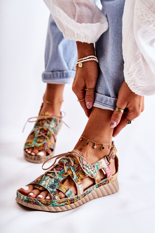Women's Leather Sandals With Velcro 05375-09 Green