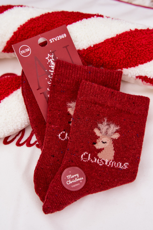 Women's Christmas Socks With Reindeer Alpaca Wool Red