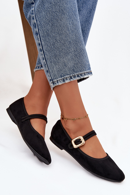 Damskie Baleriny Pasek Ze Złotą Klamrą Czarne Adelora