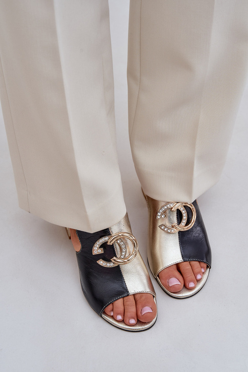 Klapki Damskie Skóra Naturalna Obcas Eleganckie Czarno-Złote Laura Messi 2875