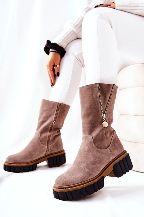 Skórzane Ocieplane Botki Kozaki Cappucino Souffle