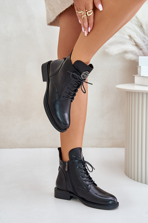 Botki Płaski Obcas Ozdoba Ocieplane Na Zamek Czarne Leonise