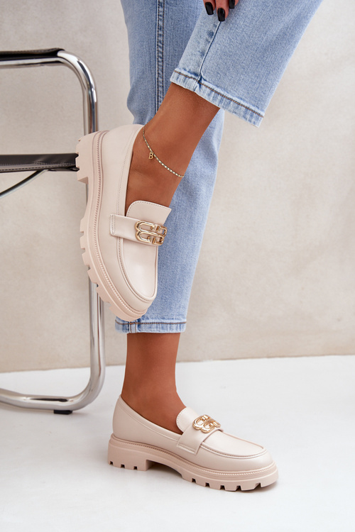 Eko Skórzane Mokasyny Damskie Z Ozdobą Beżowe Trionna