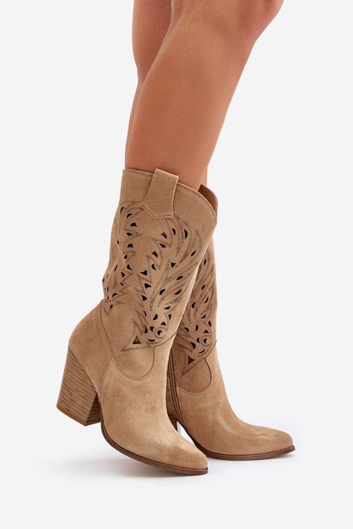 Kozaki Ażurowe Zamszowe Na Słupku Do Połowy Łydki Beżowe Lewski 3609