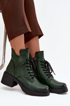 Women's Leather Block Heeled Boots with Lining Vinceza 39950 Dark Green