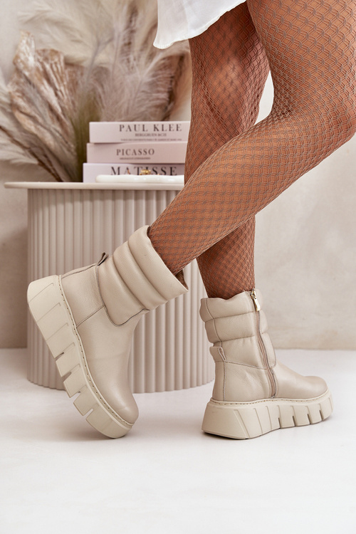 Zazoo 60512 Women Leather Ankle Boots With Zipper Insulated With Felt Light Beige