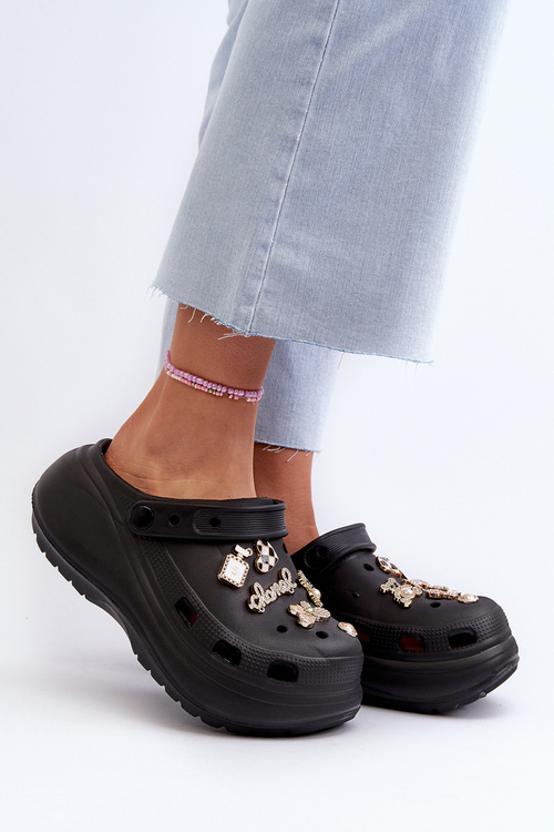 Women's Lightweight Foam Slides with Thick Sole and Charms Black Effiora