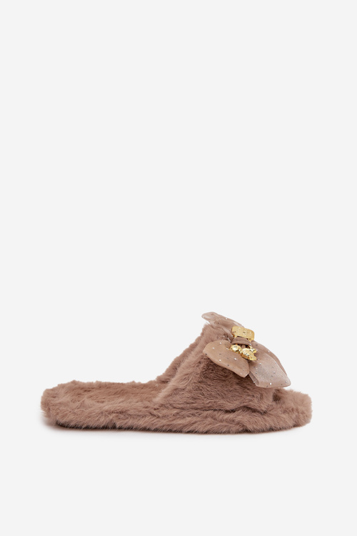 Fur Women's Slippers With Bow And Gold Decoration Dark Beige Nolara