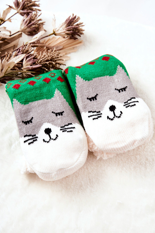 Long Socks Christmas Pattern Cat Green