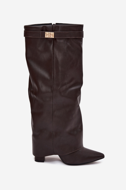 Women's Heeled Boots With Folded Shaft And Golden Detail Chocolate Diorna