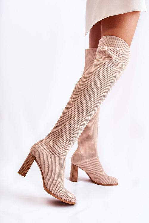 Kozaki Prążkowane Klasyczne Obcas Beżowe Laossi