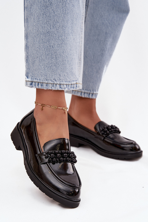Women's Patent Loafers With Beads S.Barski HY52-541 Black