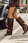 Women's eco leather boots with turned-up shaft on a heel brown Avamora