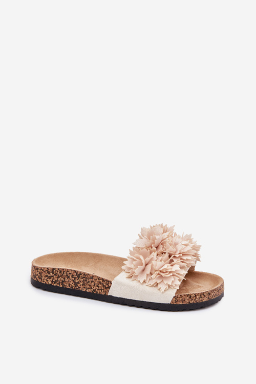 Women's Cork Sole Slippers With Decorative Flowers Beige Seleneza