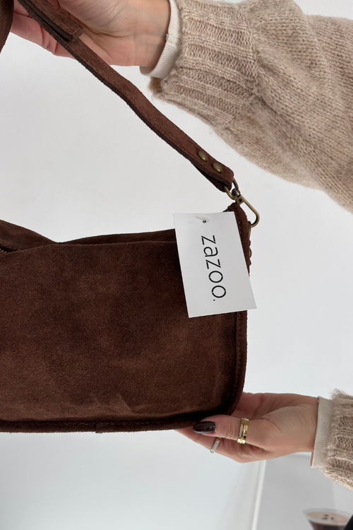 Leather Suede Bag Decorated with Gems Brown Savra