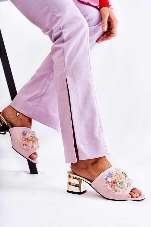 Leather Women's Slippers On High Heels With Decoration Pink Calinda