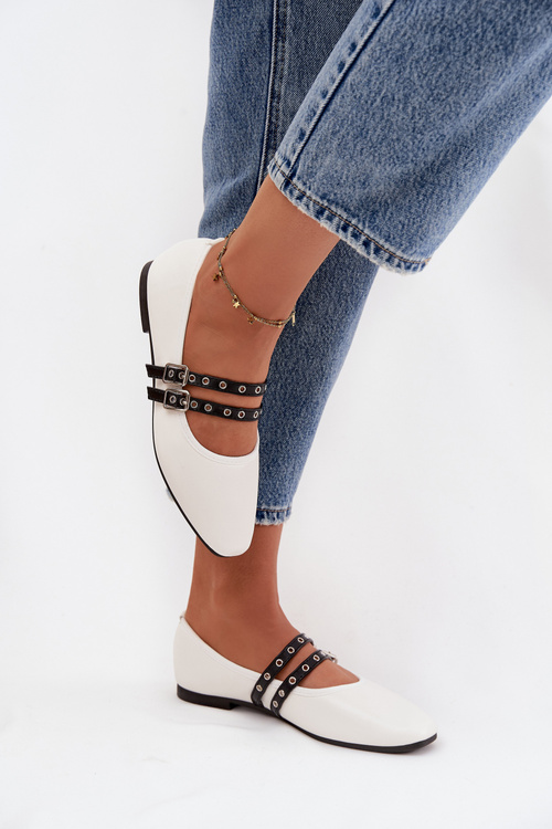 Baleriny Z Paskami Eko Skórzane Białe Deliora