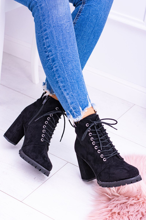 Lu Boo Czarne Zamszowe Botki na Słupku Cyrkonie Halsey