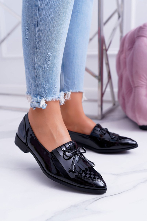 Mokasyny Damskie Lu Boo Czarne Lakierowane Loafer
