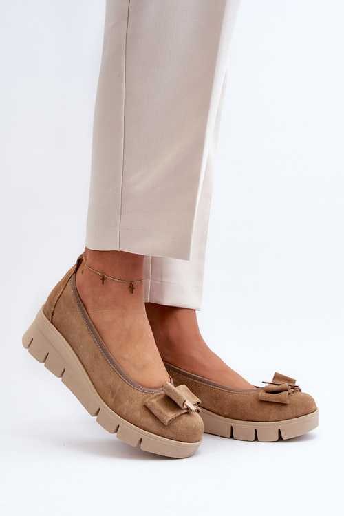 Leather Platform Ballerina with Decoration Beige Lewski 3384