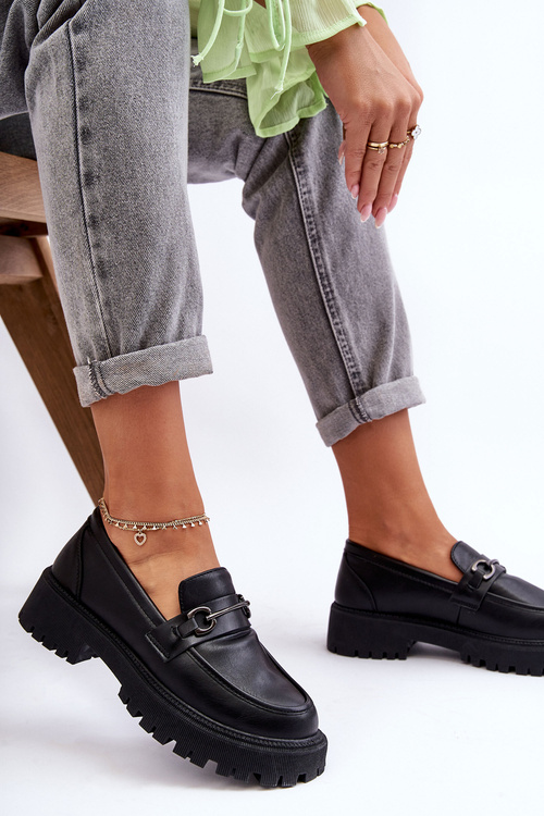 Women's Leather Moccasins on Platform Black Detes