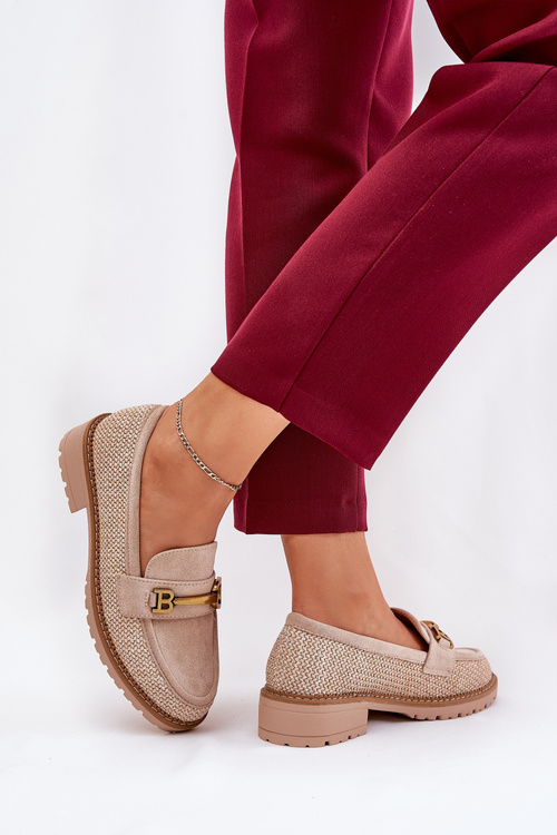 Mokasyny Damskie Eko Zamszowe Ze Złotym Detalem I Plecionką Beżowe Seffolia